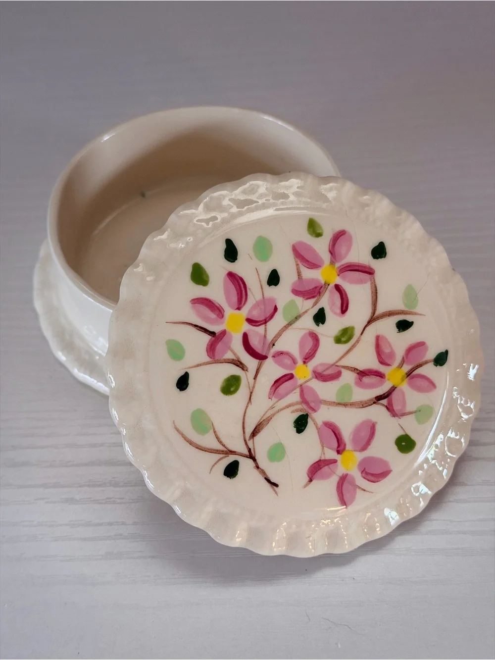 Floral Ceramic Jewelry Trinket Box - Pink Floral Design